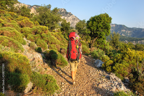 girl with a large backpack walks along the Lycian trail against the background of the sea and pines. Turkey photo