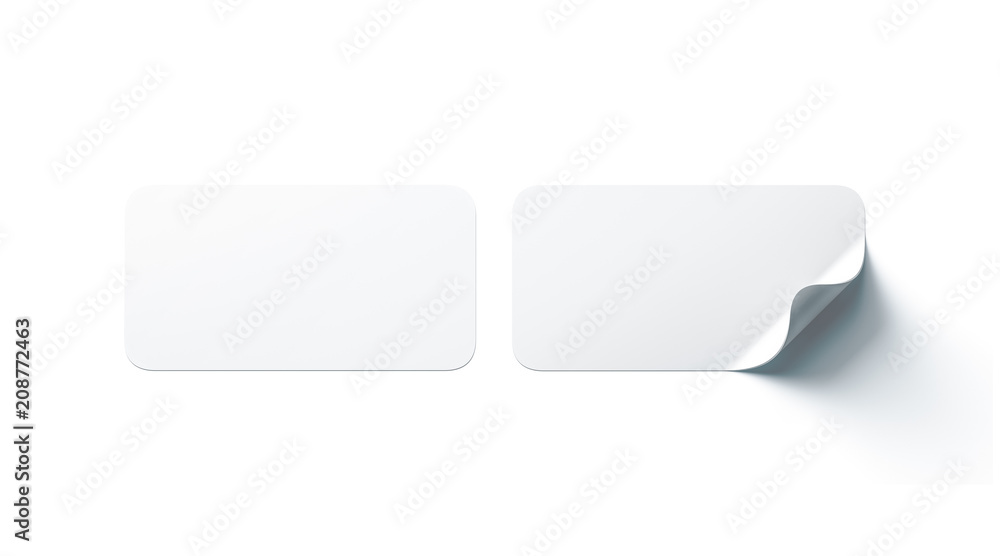 Blank white rectangle adhesive stickers mock up with curved corner, 3d rendering. Empty oblong sticky label mockup with curl. Clear adherent tag template for glass door or wall. - obrazy, fototapety, plakaty 