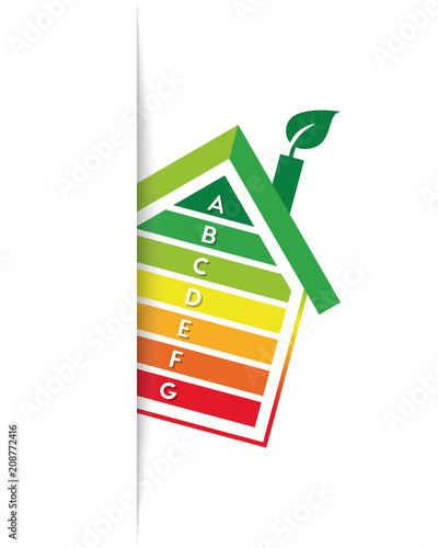 Energy efficiency and rating concept with tilted house and graph bars. Tucked in design with shadow.