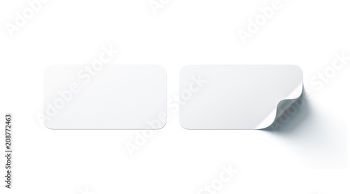 Blank white rectangle adhesive stickers mock up with curved corner, 3d rendering. Empty oblong sticky label mockup with curl. Clear adherent tag template for glass door or wall. photo