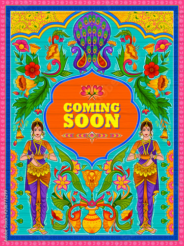 Colorful Coming Soon banner in truck art kitsch style of India