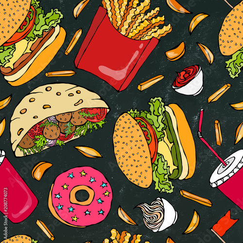 Black Board Background. Burger, Cola, French Fries, Ketchup, Falafel Pita, Meatballs, Mayonnaise Sauce. Fast Street Food Seamless. Realistic Hand Drawn Illustration. Savoyar Doodle Style.