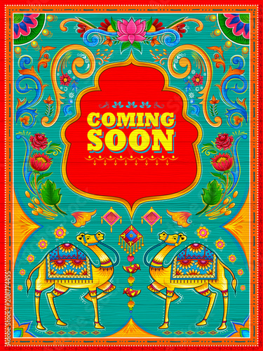 Colorful Coming Soon banner in truck art kitsch style of India