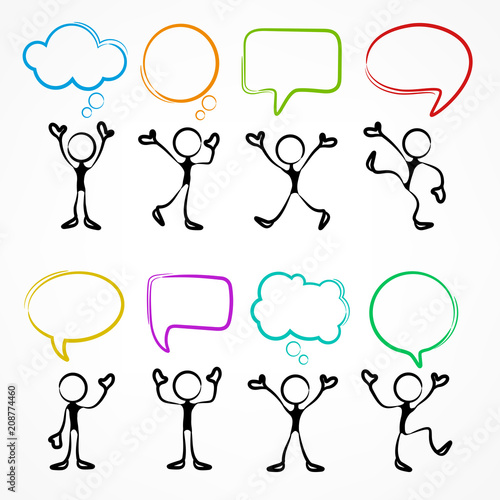 Collection of stick figures with speech bubbles, human icon