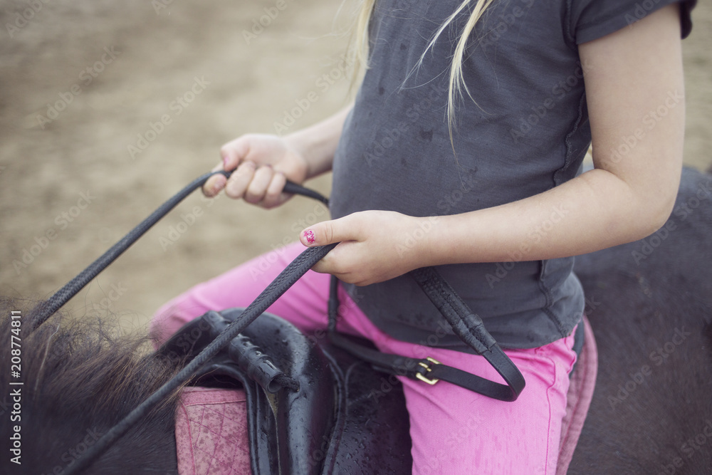 Close-up of girl (4-5) sitting on pony Close-up of girl (4-5) sitting on pony