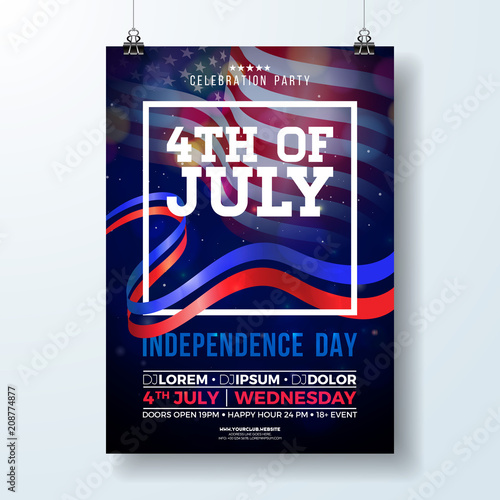Independence Day of the USA Party Flyer Illustration with Flag and Ribbon. Vector Fourth of July Design on Dark Background for Celebration Banner, Greeting Card, Invitation or Holiday Poster.