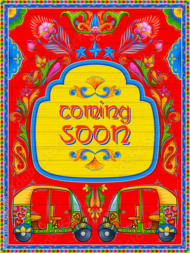 Colorful Coming soon banner in truck art kitsch style of India