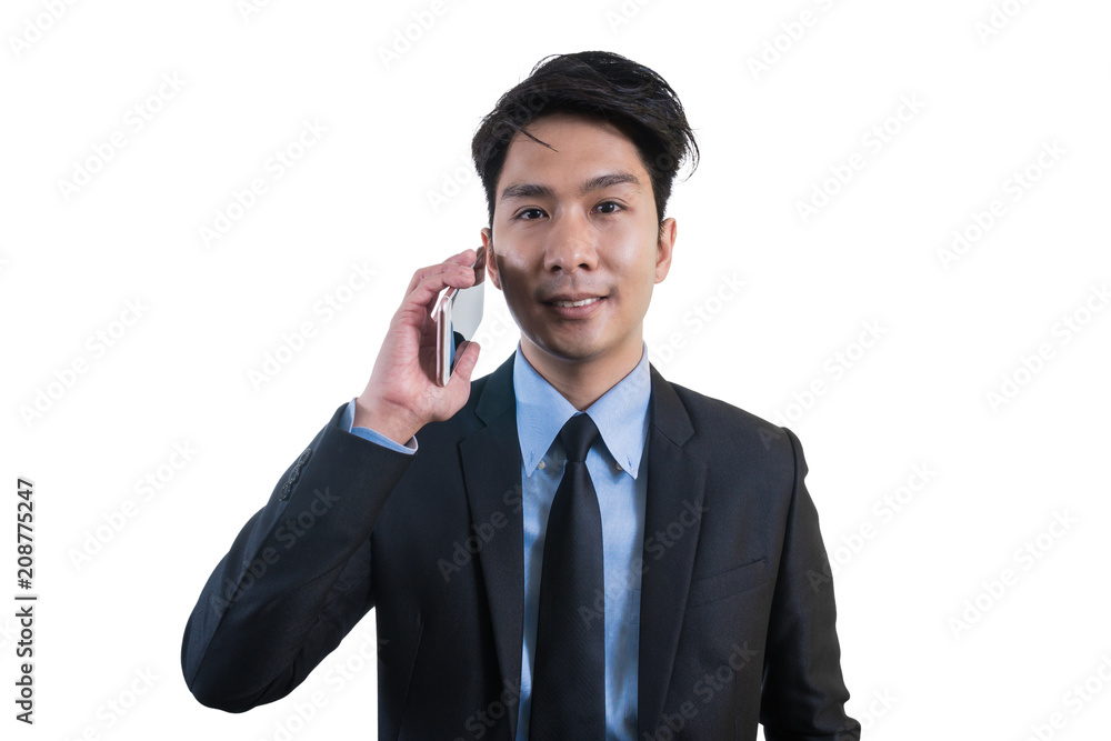 Portrait of asian handsome businessman using the smart mobile phone and calling on white background, isolate include clipping path Portrait of asian handsome businessman using the smart mobile phone and calling on white background, isolate include clipping path