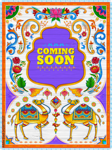 Colorful Coming Soon banner in truck art kitsch style of India