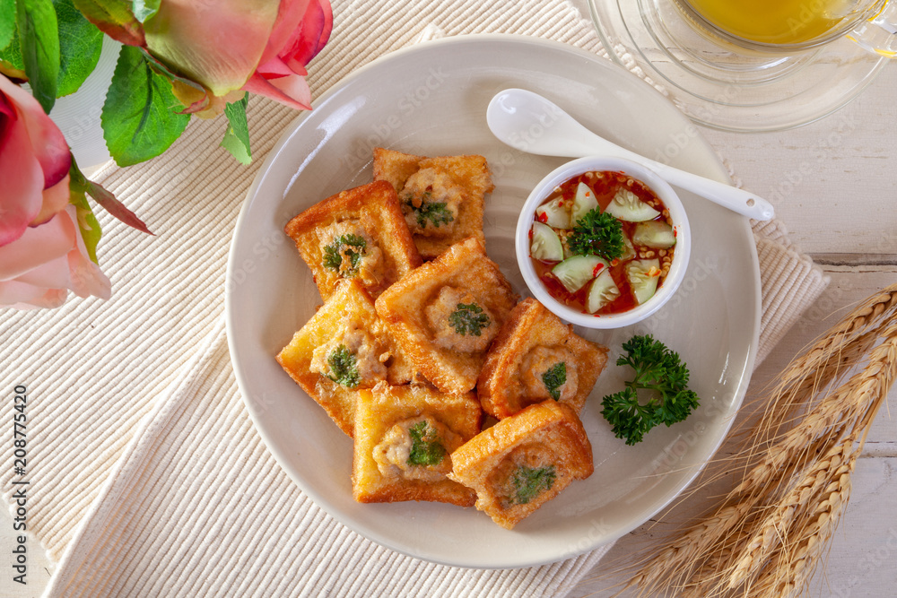 Fried Bread with Minced Pork Spread, Thai food Fried Bread with Minced Pork Spread, Thai food
