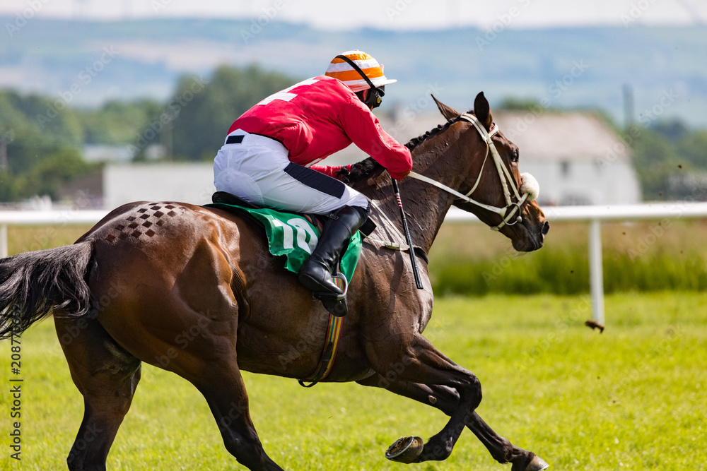 Close up on running racehorse and jockey Close up on running racehorse and jockey