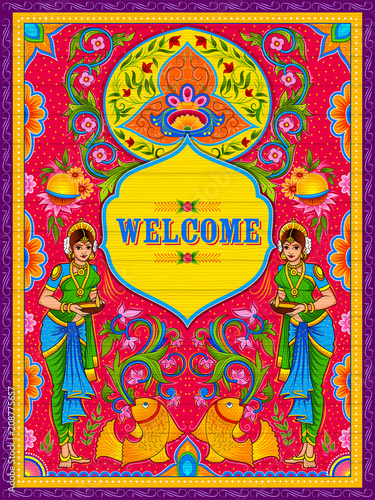 Colorful Welcome banner in truck art kitsch style of India