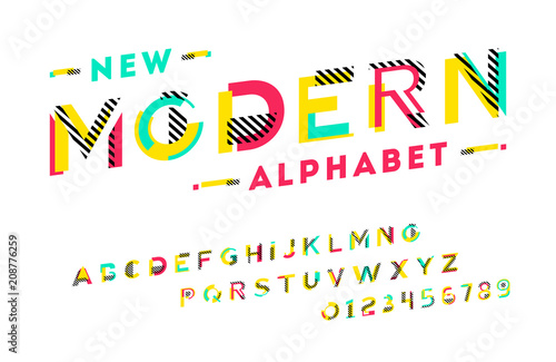 Stylish modern abstract font and alphabet with numbers. Vector colorful font from pieces of shapes and strips, glitch effect.