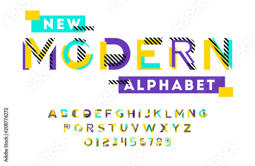 Stylish modern abstract font and alphabet with numbers. Vector colorful font from pieces of shapes and strips, glitch effect.