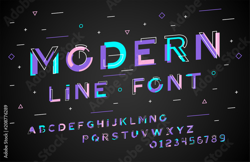 Stylish modern abstract font and alphabet with numbers. Vector colorful font from pieces of shapes and strips, glitch effect.