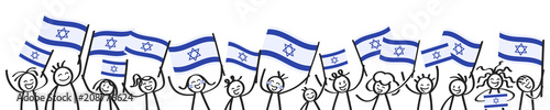 Cheering crowd of happy stick figures with Israeli national flags, smiling Israel supporters, sports fans isolated on white background
