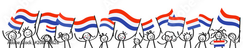 Cheering crowd of happy stick figures with Dutch national flags, smiling Netherlands supporters, sports fans isolated on white background