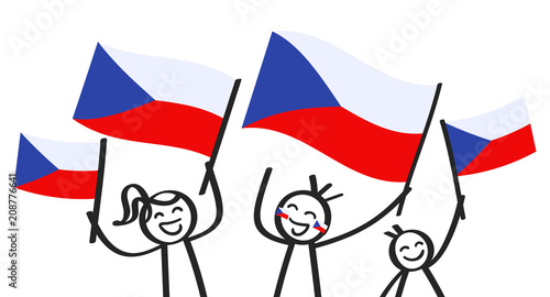 Cheering group of three happy stick figures with Czech national flags, smiling Czech Republic supporters, sports fans isolated on white background