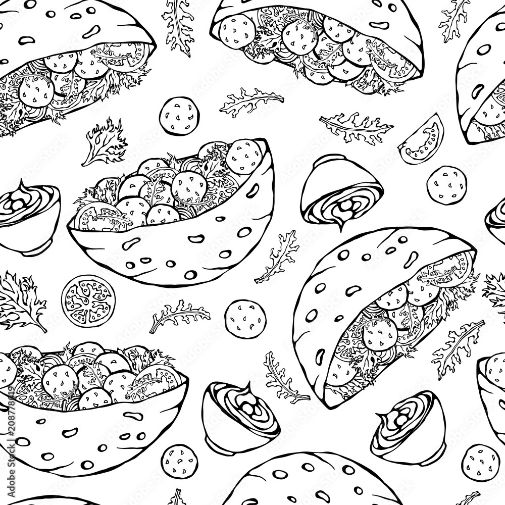 Seamless Endless Pattern with Falafel Pita or Meatball Salad in Pocket Bread. Arabic Israel Healthy Fast Food Bakery. Jewish Street Food. Realistic Hand Drawn Illustration. Savoyar Doodle Style.