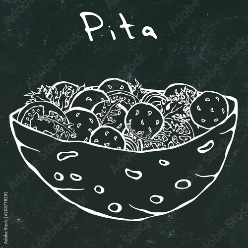 Black Board Background. Falafel Pita or Meatball Salad in Pocket Bread. Arabic Israel Healthy Fast Food Bakery. Jewish Street Food. Realistic Hand Drawn Illustration. Savoyar Doodle Style.