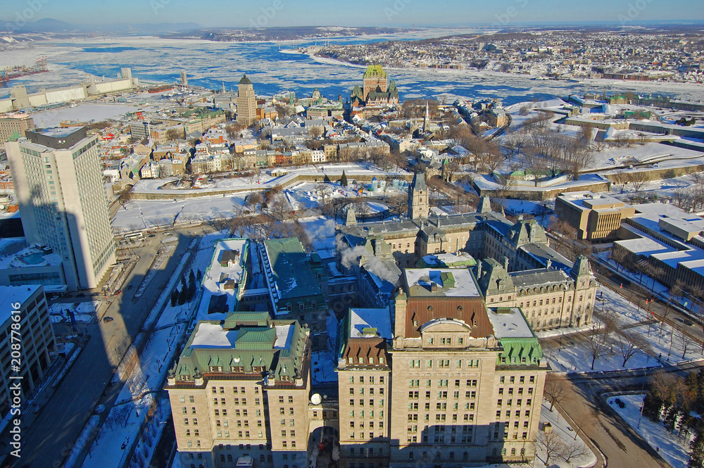 Quebec Lower City, St. Lawrence River in winter, Quebec, Canada. Historic District of Quebec City is UNESCO World Heritage Site since 1985.