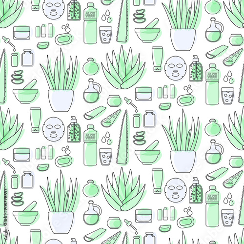 Aloe vera cosmetic products flat seamless pattern