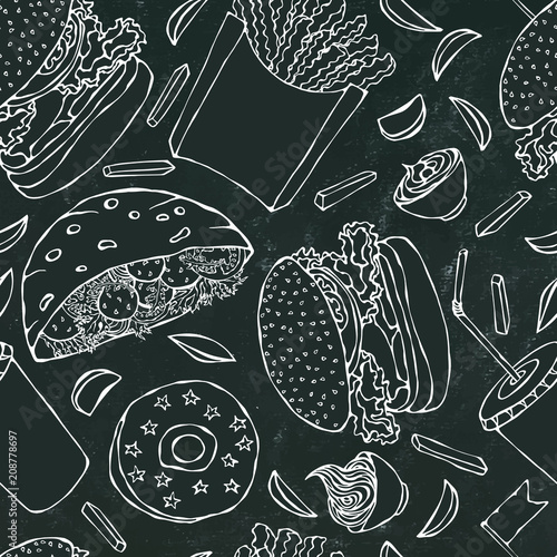 Black Board Background. Burger, Cola, French Fries, Ketchup, Falafel Pita, Meatballs, Mayonnaise Sauce. Fast Street Food Seamless. Realistic Hand Drawn Illustration. Savoyar Doodle Style.