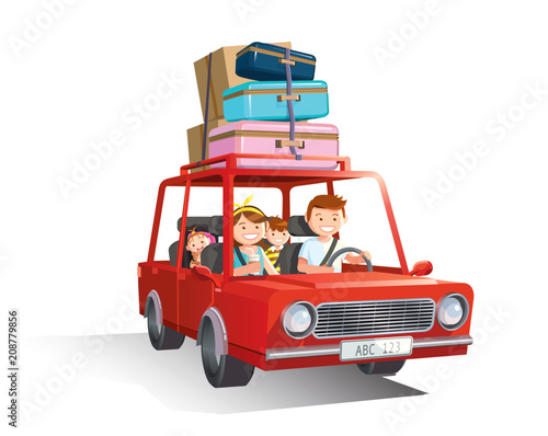Family road trip. travel by car with kids on white background. Vector, illustration.