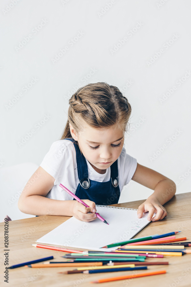 cute little child drawing with color pencils isolated on white cute little child drawing with color pencils isolated on white