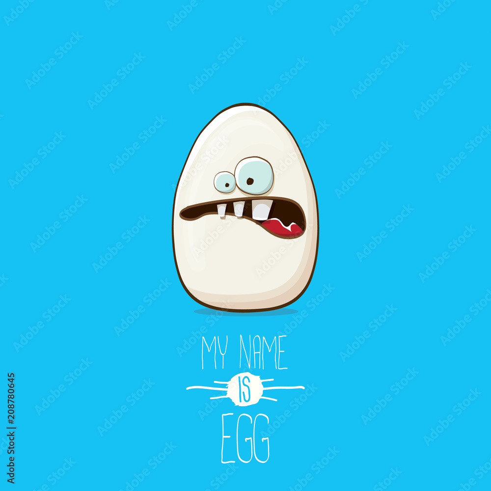 white egg cartoon characters isolated on blue background. My name is egg vector concept illustration. funky farm food or easter character with eyes white egg cartoon characters isolated on blue background. My name is egg vector concept illustration. funky farm food or easter character with eyes