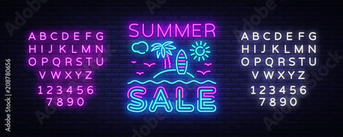 Summer Sale Flyer Design Template Vector. Summer discounts brochure with tropical landscape, modern trend design, neon style, light banner, bright neon advertising. Vector. Editing text neon sign