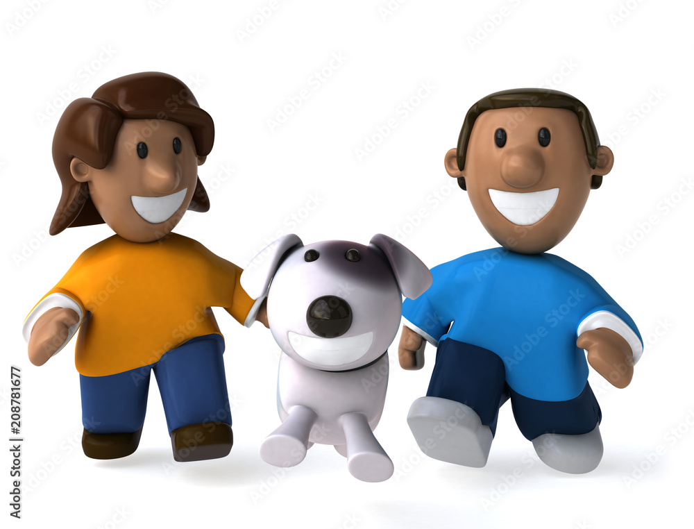 Happy kids and dog - 3D Illustration Happy kids and dog - 3D Illustration