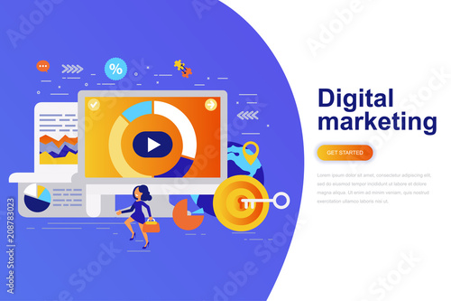 Digital marketing modern flat concept web banner with decorated small people character. Landing page template.