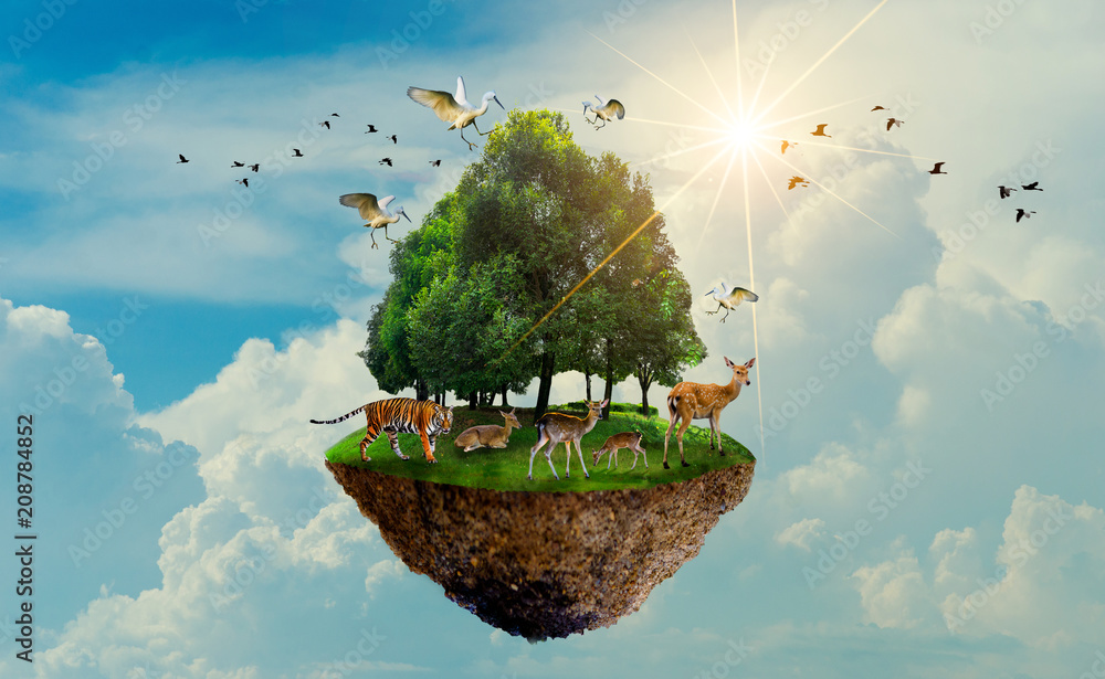 Fototapeta premium forest tree Wildlife tiger Deer Bird Island Floating in the sky World Environment Day World Conservation Day Earth Day