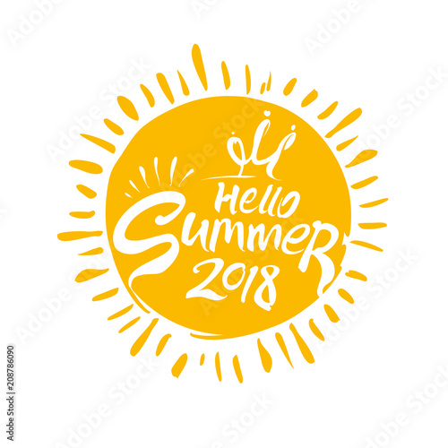 Hello Summer 2018. Yellow circle summer logo. Inscription and a funny princess crown on the background of the big sun. Vector lettering template. 
