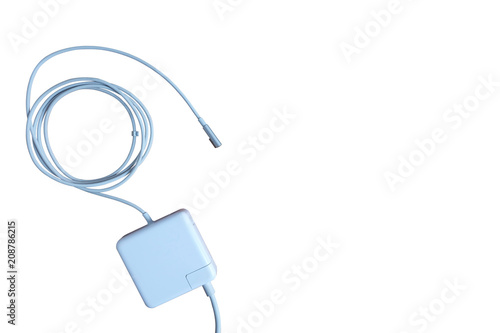 Adapter power cord charger of laptop computer isolated on white background, Top view,copy space.