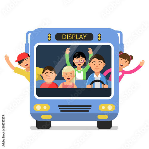Front view of school bus with set of happy childrens and driver