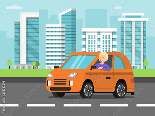 Urban landscape with car and driver