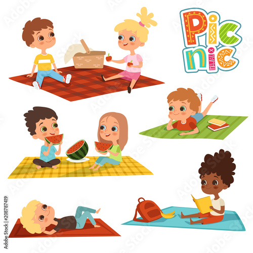 Funny kids in park. Picnic concept vector pictures