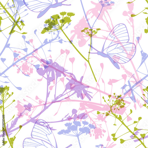 Seamless pattern with butterflies and wildflowers