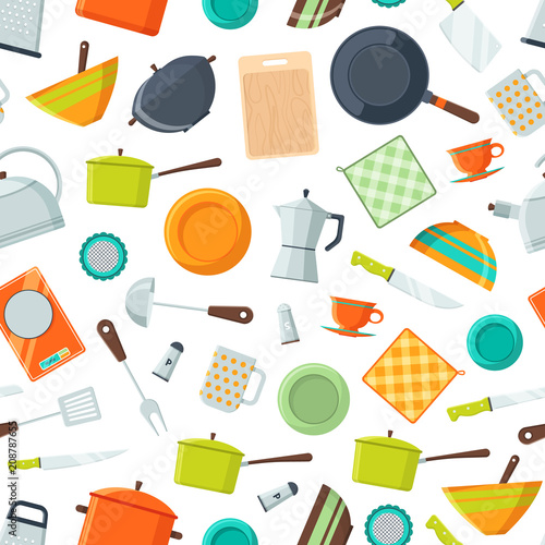 Vector kitchen utensils flat icons background or pattern illustration