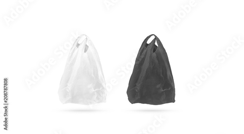 Blank black and white cellophane plastic t shirt bag mock up, 3d rendering. Empty plastic package mockup, isolated. Product food packet template