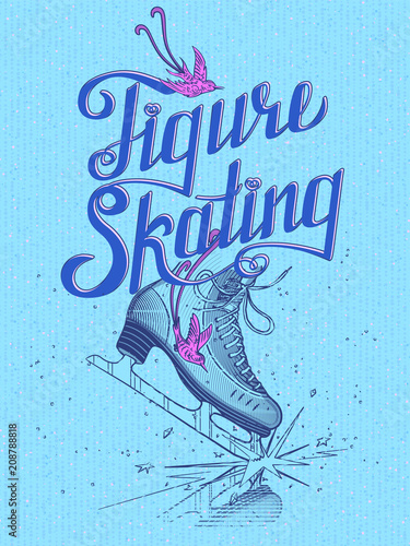 Figure skating. Vector illustration. Blue background.