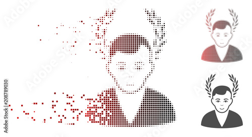 Vector glory person icon in sparkle, dotted halftone with red to black horizontal gradient and undamaged entire variants. Disintegration effect uses square dots. photo