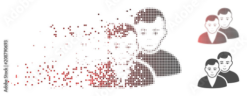 Vector users icon in sparkle, pixelated halftone with red to black horizontal gradient and undamaged whole variants. Disintegration effect involves rectangle particles.