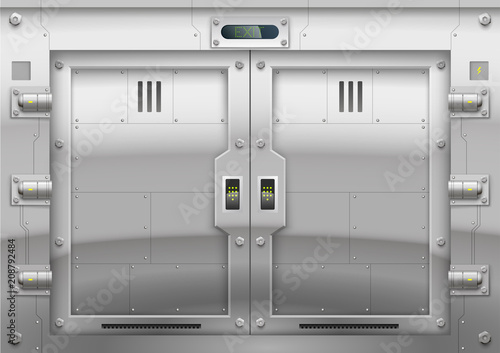 Sliding metal Reservation gateway with sliding doors or gates, exit portal spacecraft or submarine.