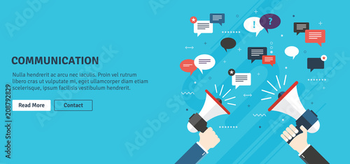 Hands holding a megaphones. Notice or announcement, promotion a product, service or event and message icons and comments. Flat design vector business illustration concept.
