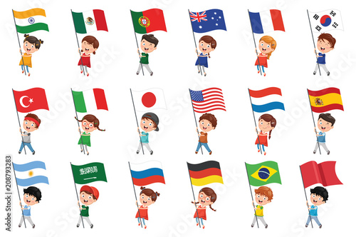 Vector Illustration Of Kids Holding Flags