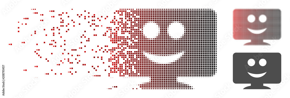 Vector display smile icon in sparkle, pixelated halftone with red to black horizontal gradient and undamaged entire versions. Disintegration effect uses rectangular sparks.