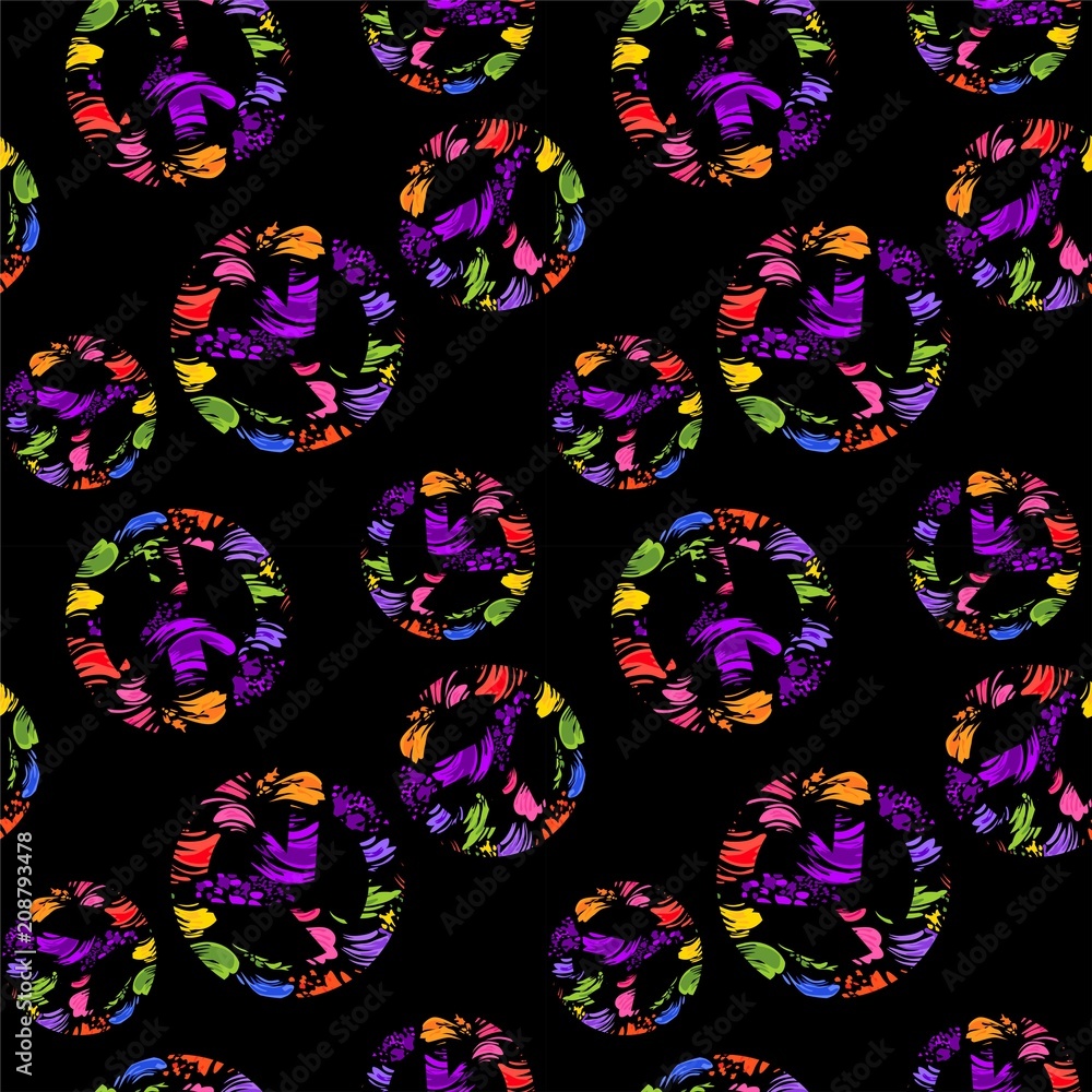 Abstract seamless black wallpaper with colorful brush strokes and variation hippie peace symbols with colorful splashed Stock Vector | Adobe Stock Abstract seamless black wallpaper with colorful brush strokes and variation hippie peace symbols with colorful splashed Stock Vector | Adobe Stock